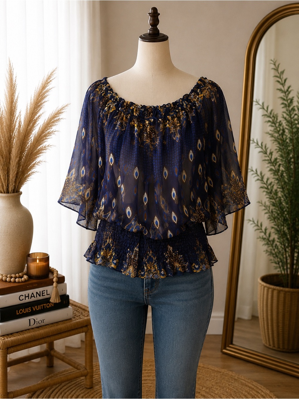 Ultra Pink size med free ptp Sheer Navy Floral Peasant Blouse with Smocked Waist